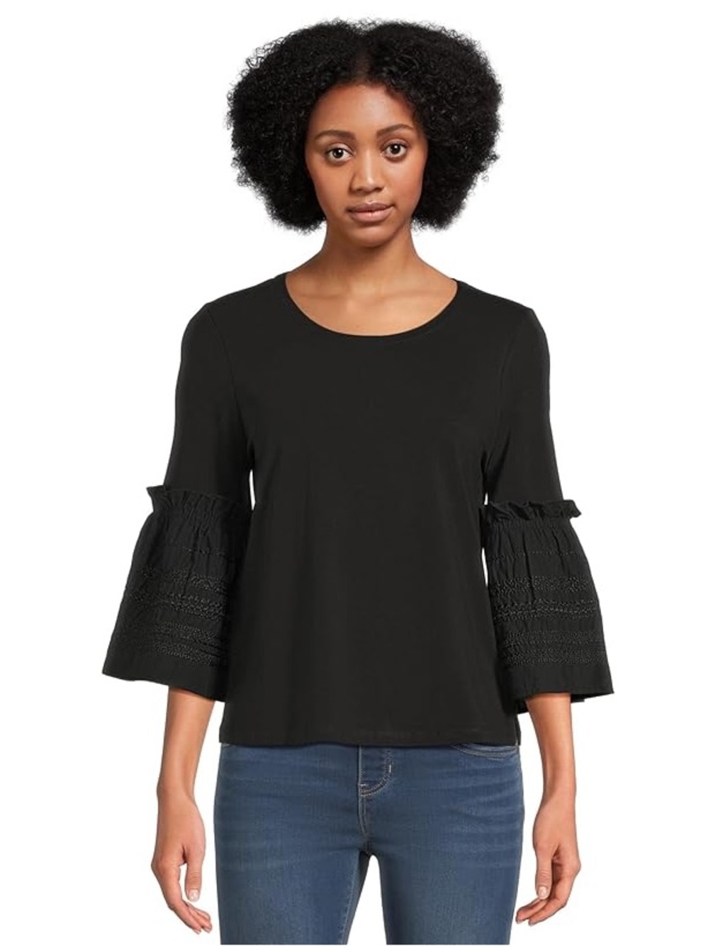Chico's Black Bell-Sleeve Lace-Detail Blouse